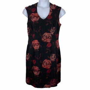 Anni Kuan Size 8 Dress Sleeveless Shift V Neck Wool Blend Floral Lined Black Red